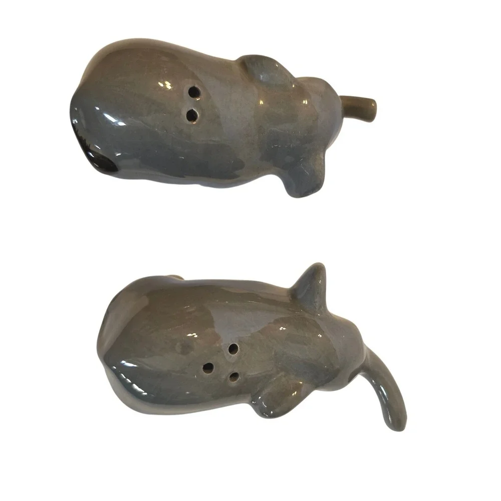 Vintage Grey Ceramic Elephant Salt and Pepper Shakers Set Glossy‎ Animal Decor